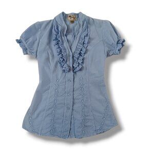 Scully Womens Button Up Top Shirt Blouse Light Blue Ruffle Short Sleeve Size S
